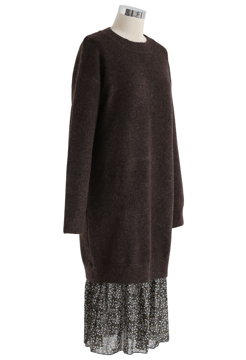 Falso vestido recto de punto suave de dos piezas en marrón