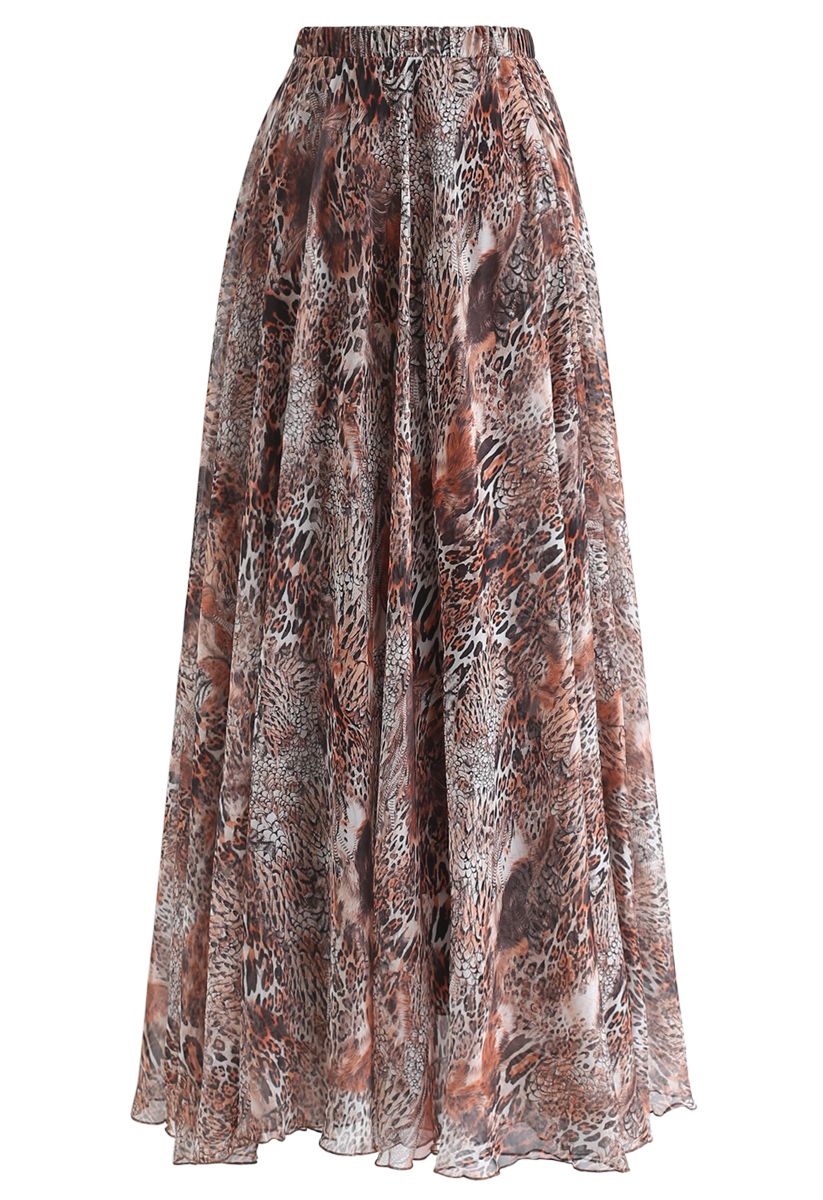 Falda larga con estampado de leopardo marrón