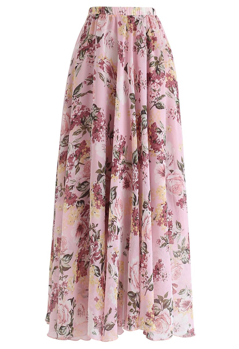 Falda larga floral de colores brillantes en rosa