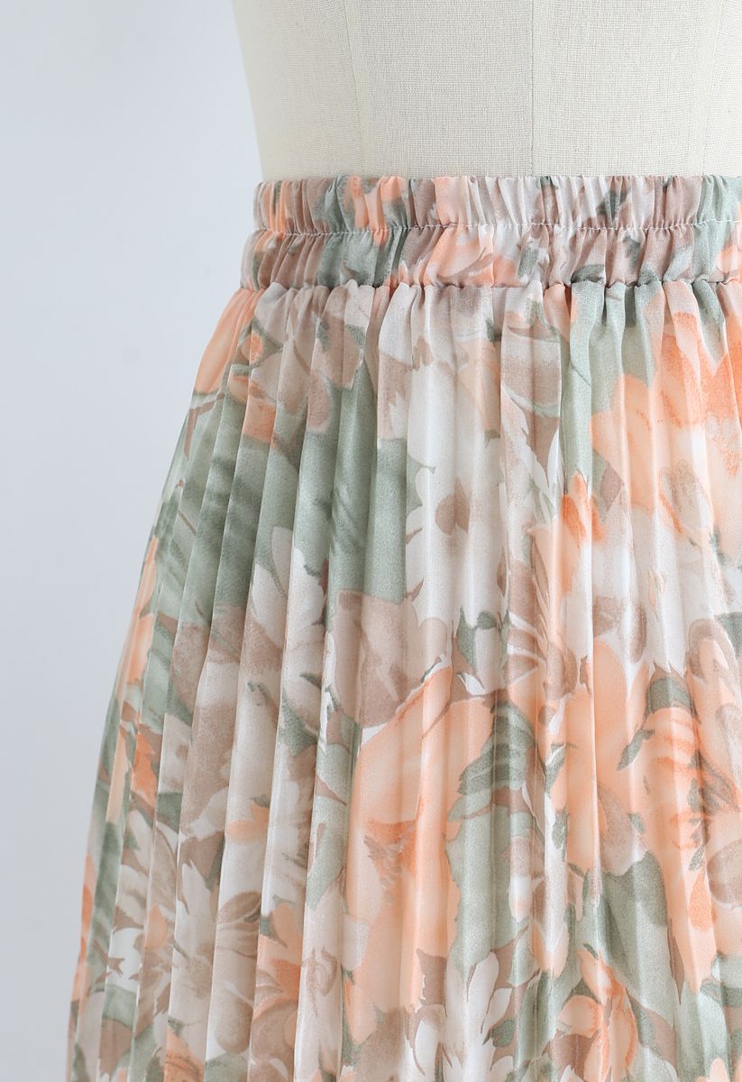 Encantadora falda de gasa plisada floral en coral