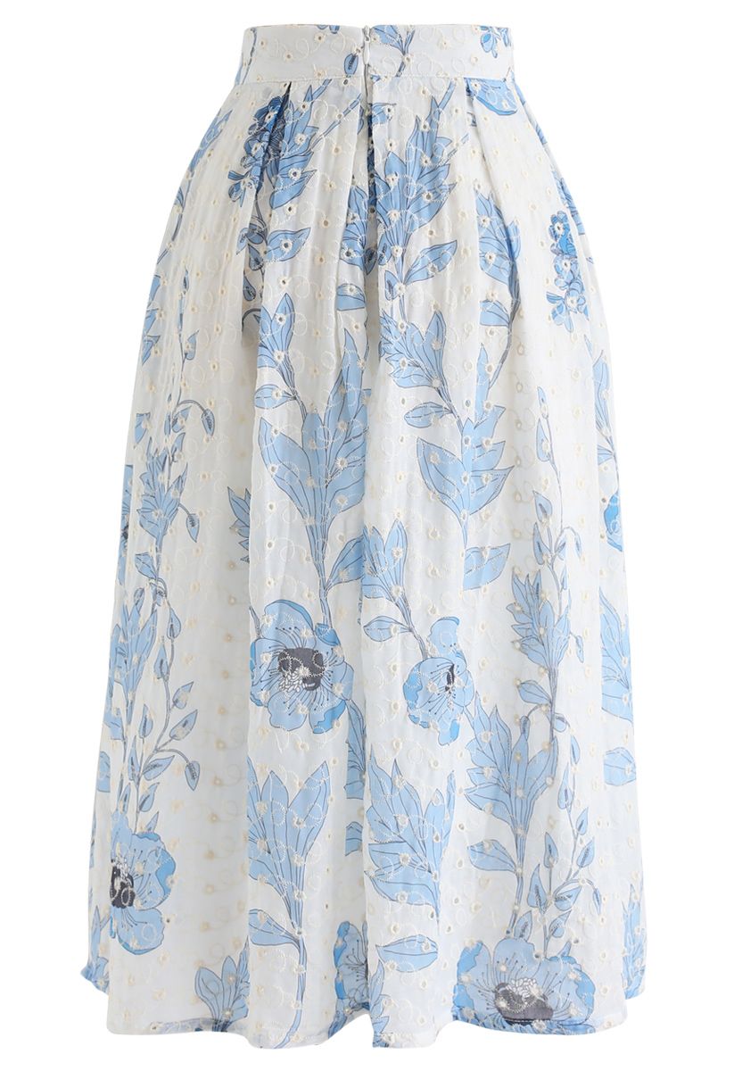 Falda midi bordada con ojales estampado floral azul