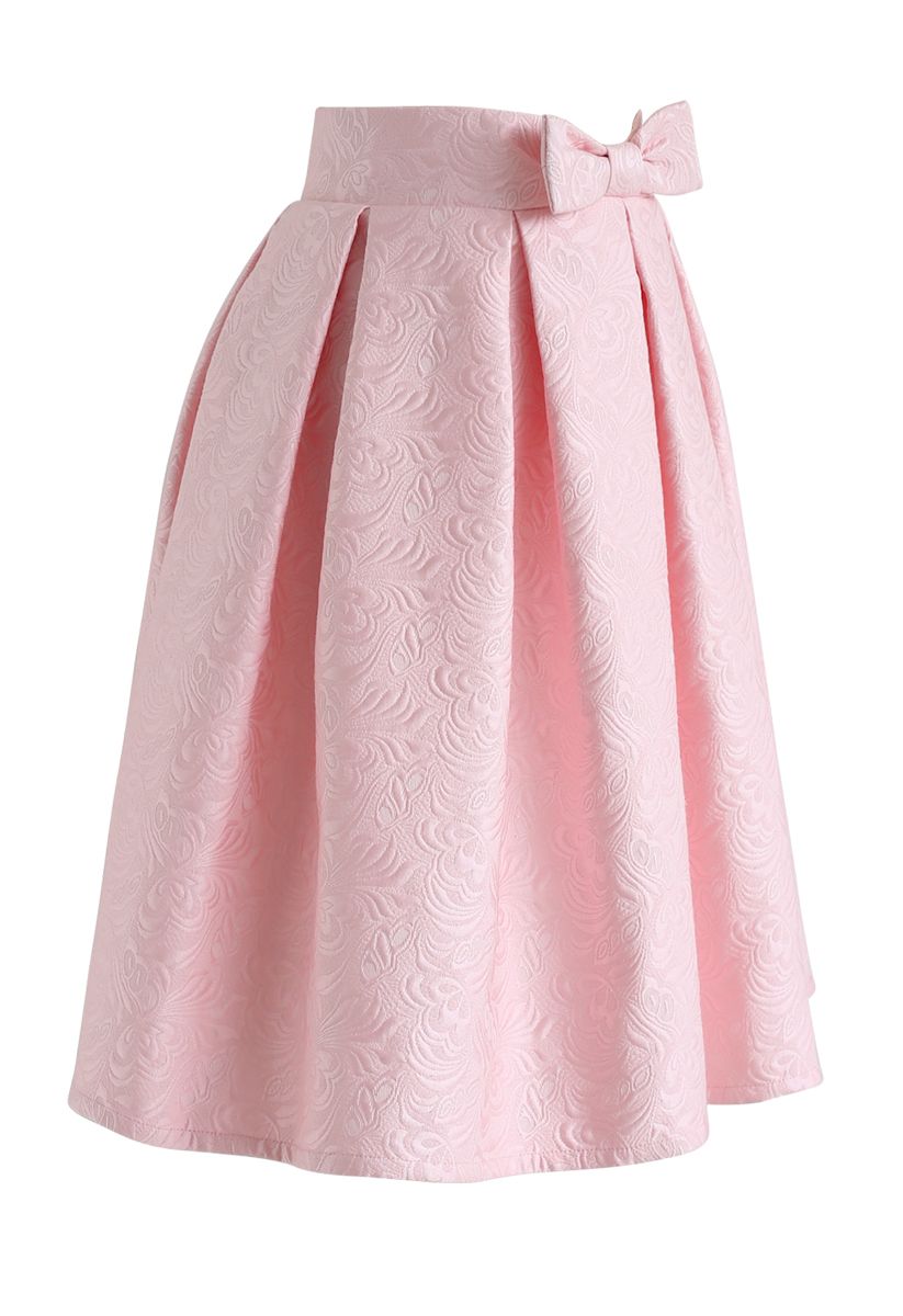 Falda midi de jacquard plisada con lazo en rosa