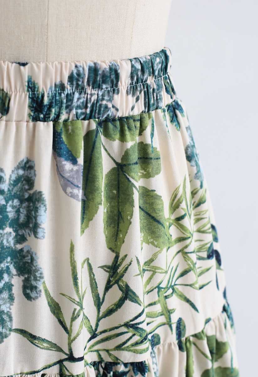 Falda larga de mezcla de lino con estampado de hojas naturales