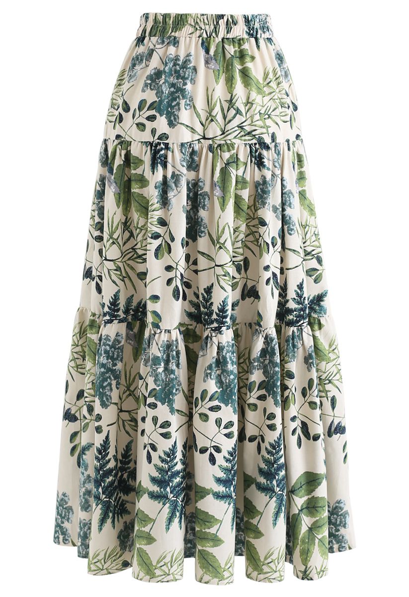 Falda larga de mezcla de lino con estampado de hojas naturales