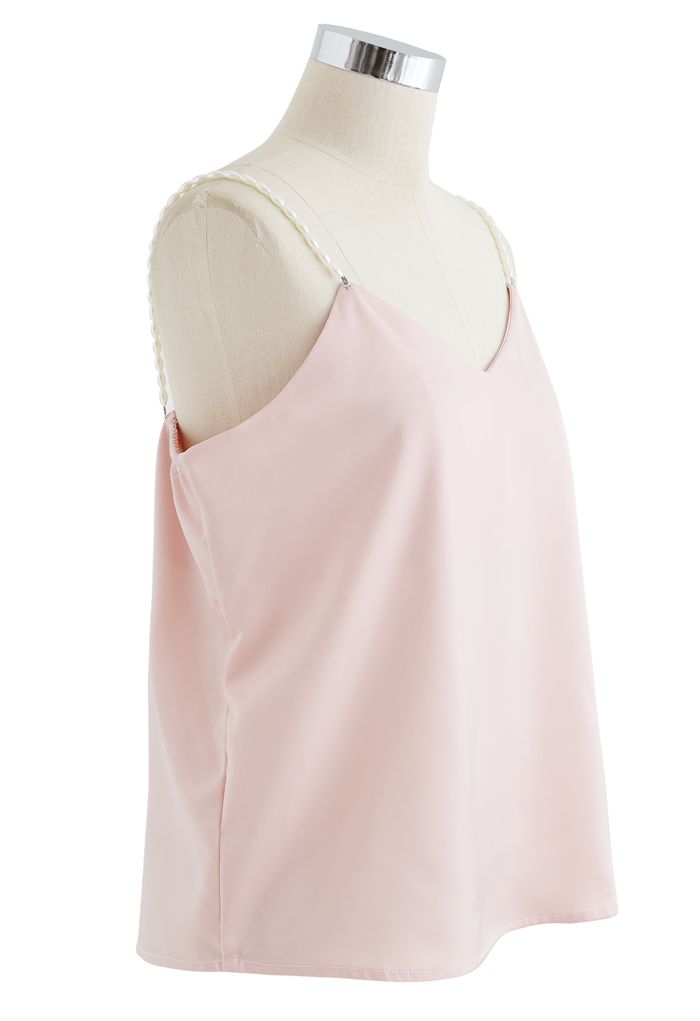 Camiseta sin mangas de satén con tiras de perlas en rosa
