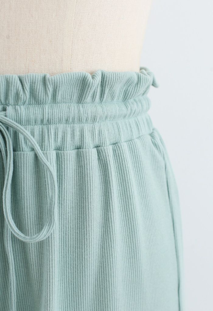Pantalones de yoga acanalados con cordón en la cintura de bolsa de papel en menta