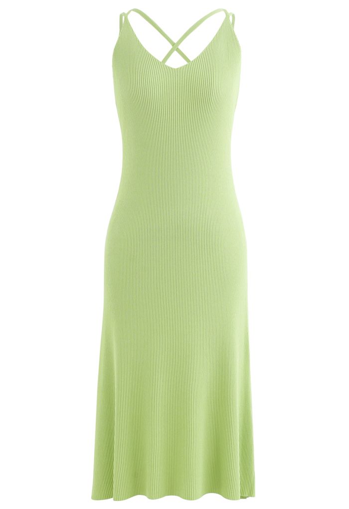 Fitted Ribbed Knit Cami Dress in Lime