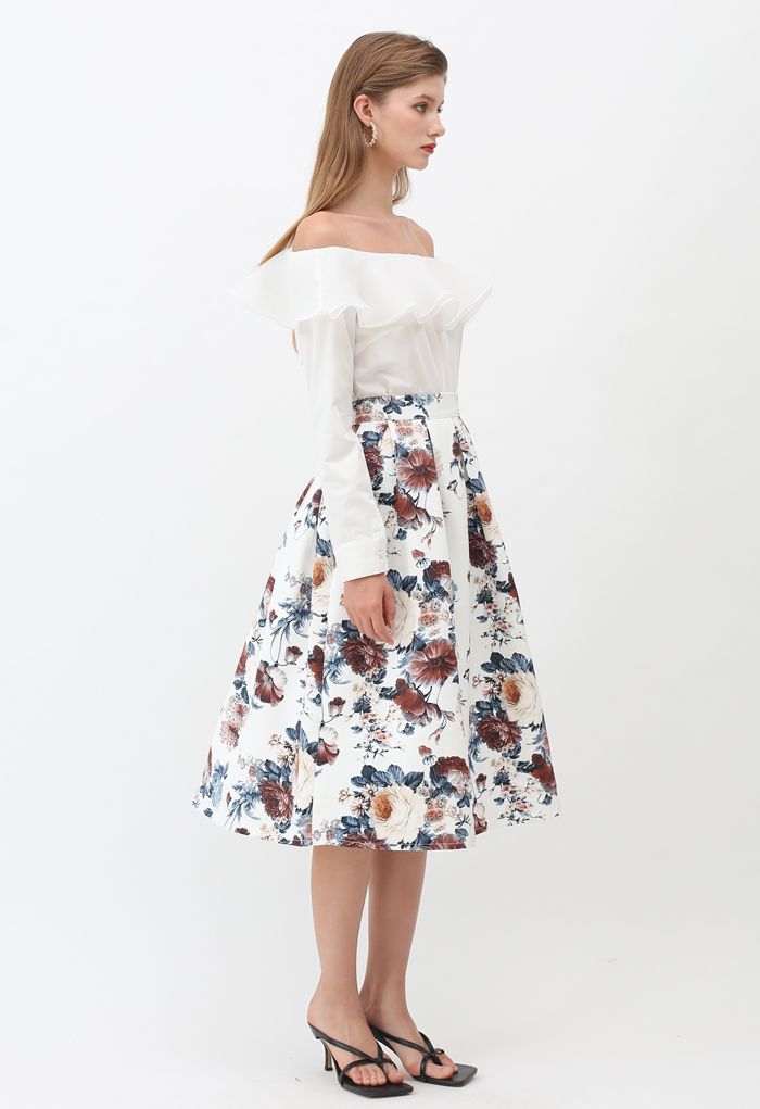 Falda midi plisada con estampado floral barroco
