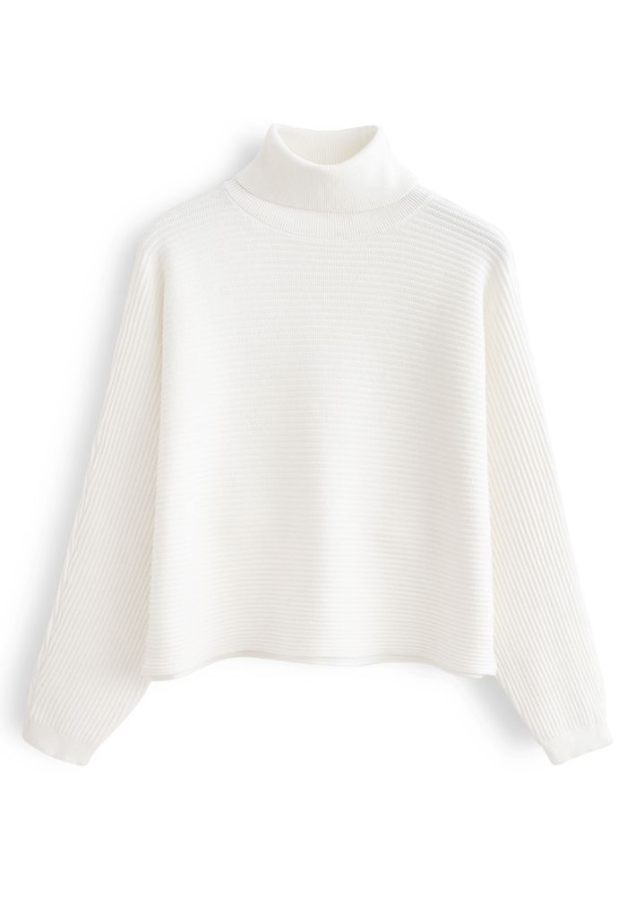 Suéter corto básico con cuello desbocado de punto acanalado en blanco