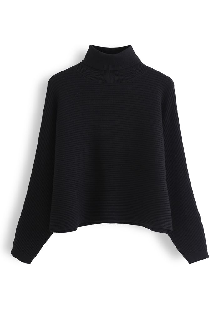 Suéter corto con cuello desbocado de punto acanalado básico en negro