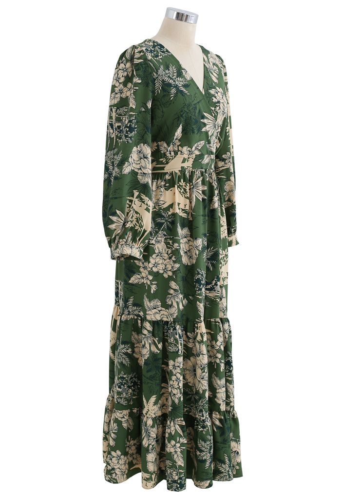 Floral Land Wrap Ruffle Maxi Dress in Green