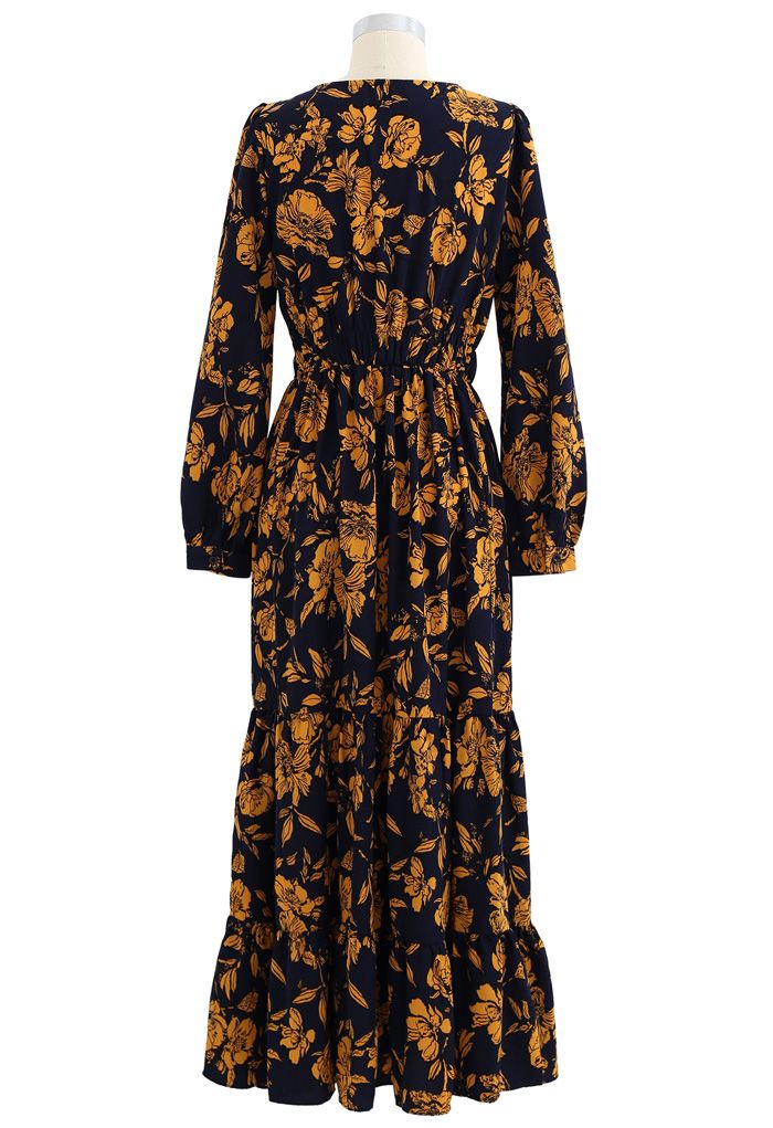 Floral Print Wrap Ruffle Maxi Dress in Navy