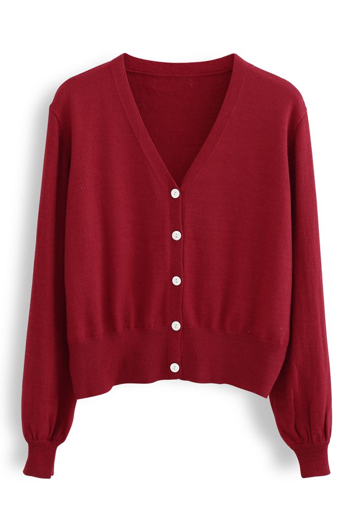 V-Neck Button Down Ribbed Knit Cardigan in Red