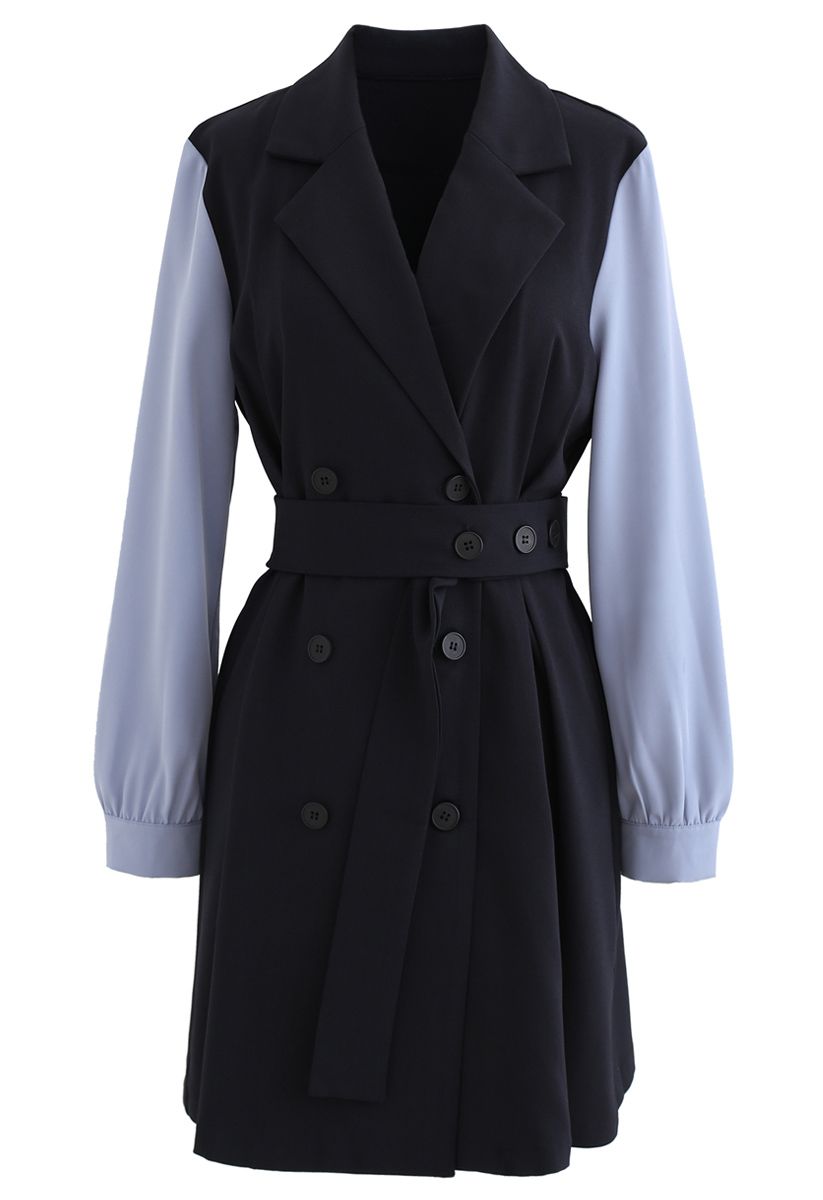 Contrast Color Double-Breasted Chiffon Trench Coat in Navy