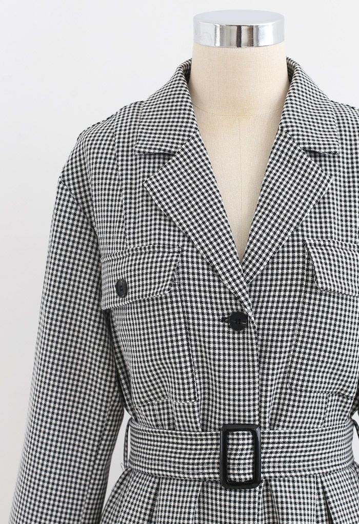 Button Down Houndstooth Belted Coat in Black