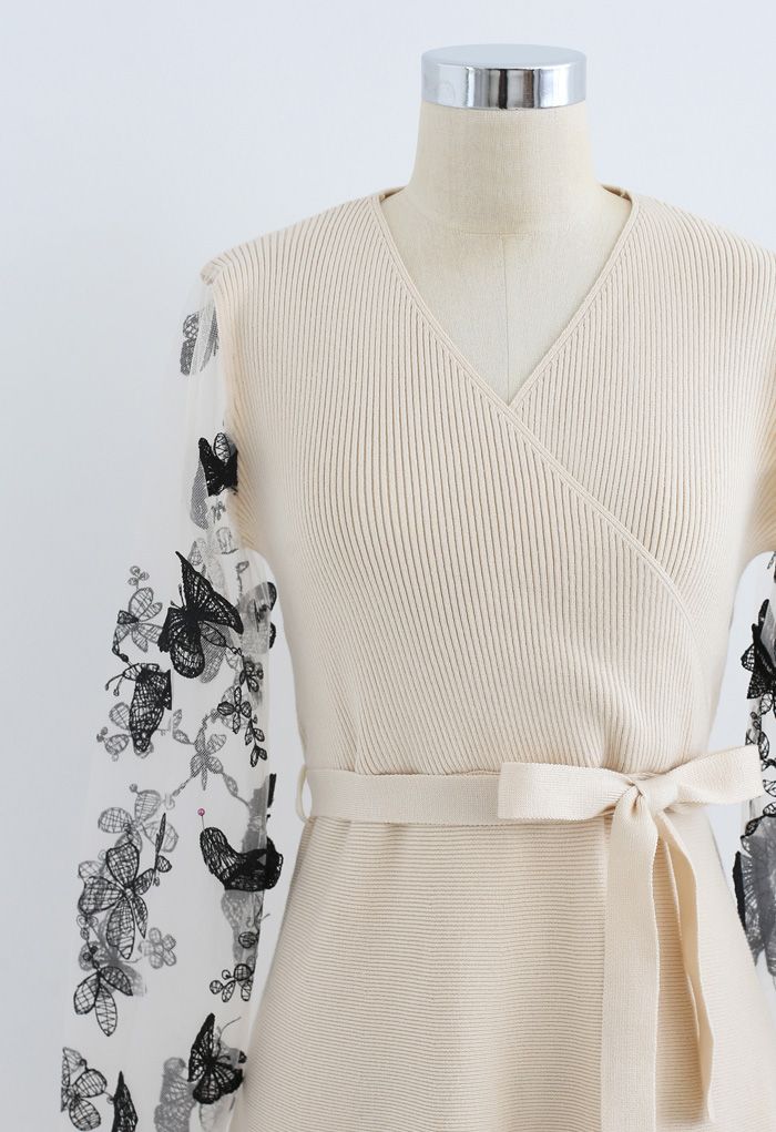 3D Butterfly Mesh Sleeves Wrap Knit Dress in Cream
