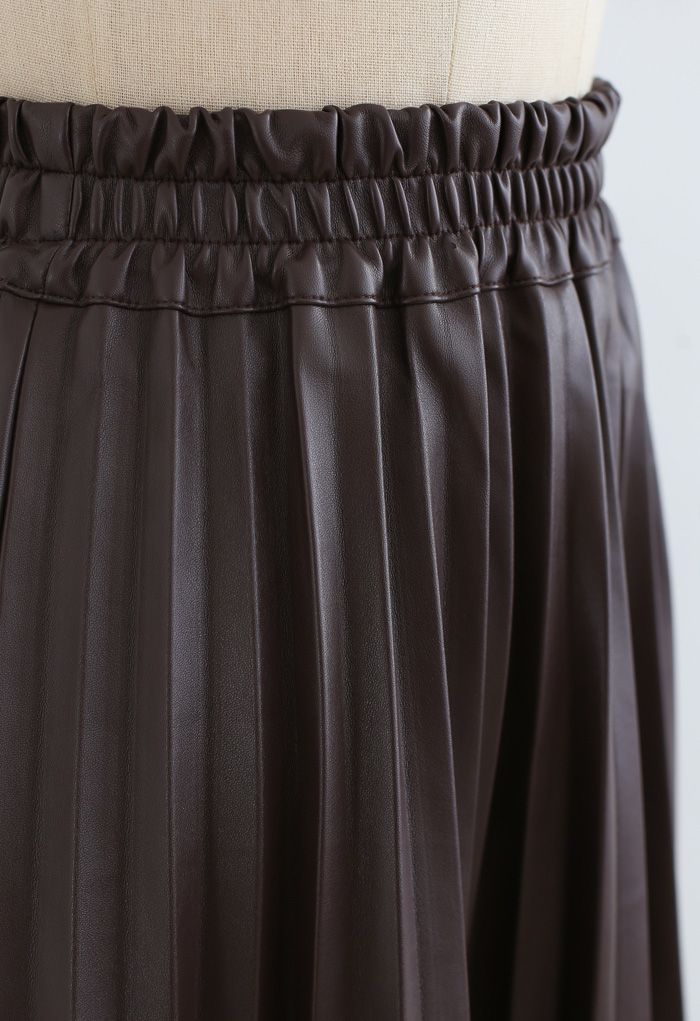 Faux Leather Pleated A-Line Midi Skirt in Brown