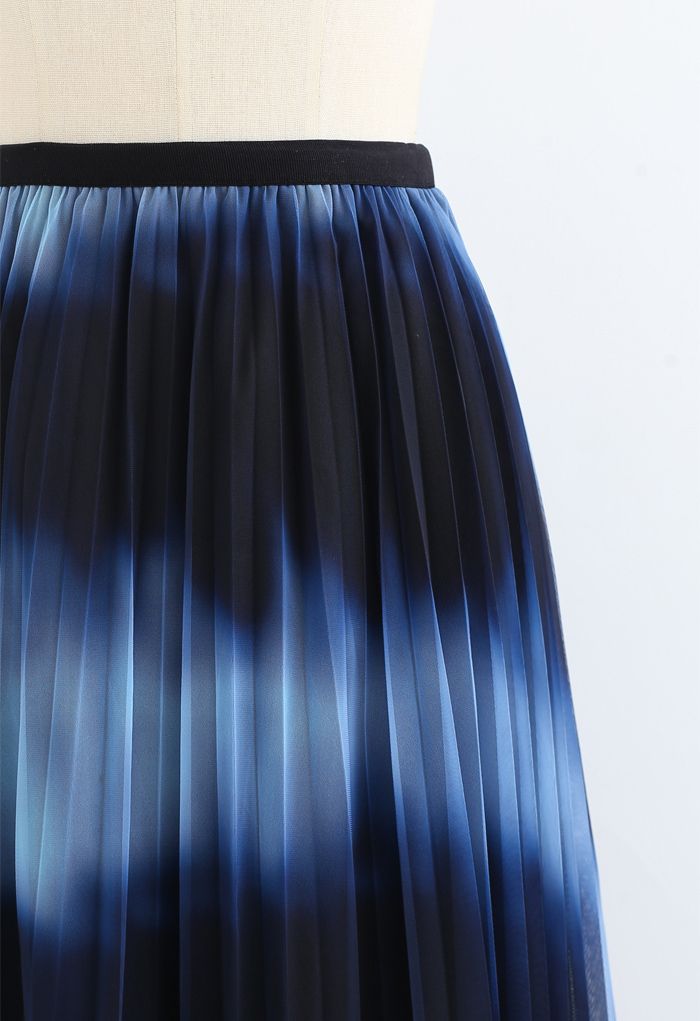 Color-Block Mesh Tulle Pleated Midi Skirt in Blue