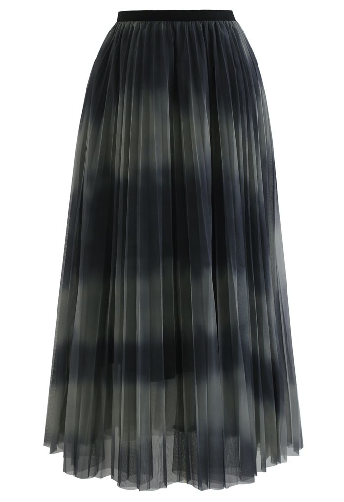 Color-Block Mesh Tulle Pleated Midi Skirt in Olive