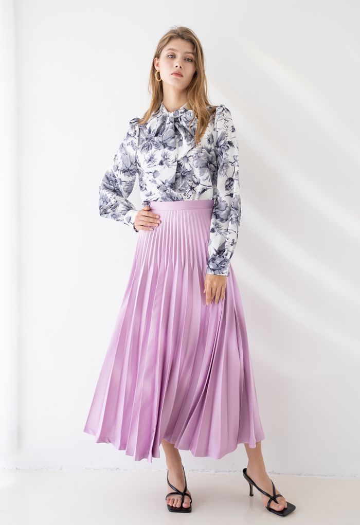 High-Waisted Full Pleated Maxi Skirt in Pink