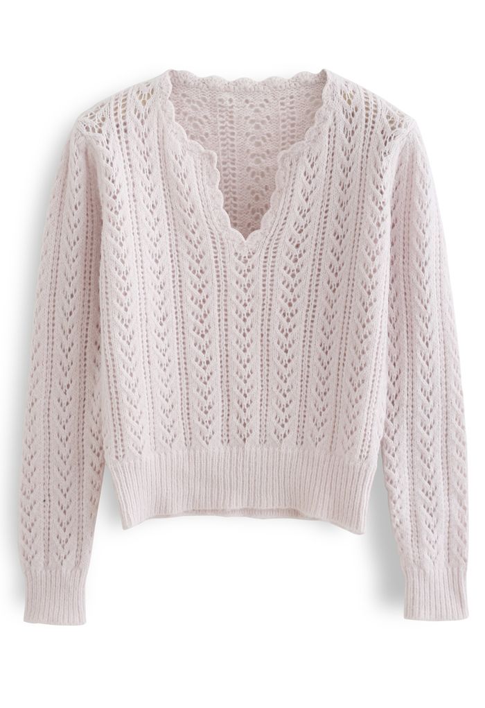 V-Neck Hollow Out Soft Touch Knit Sweater in Light Pink
