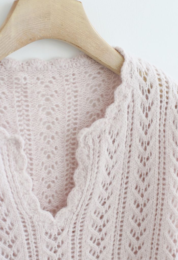 V-Neck Hollow Out Soft Touch Knit Sweater in Light Pink