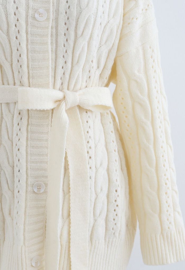 Braid Texture Buttoned Belted Cardigan in Cream