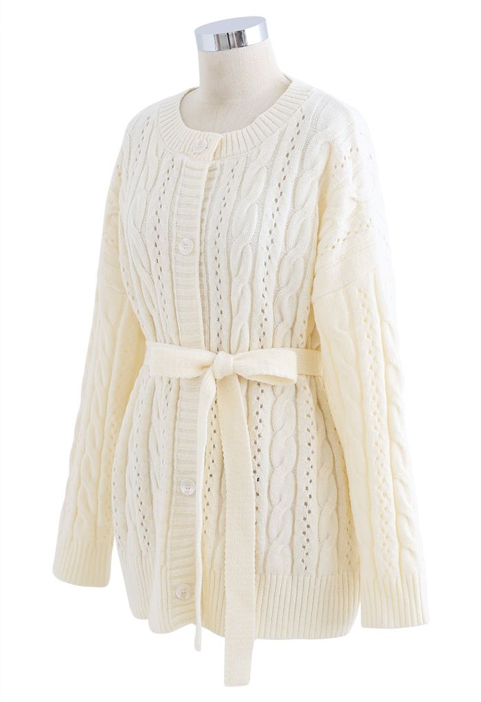 Braid Texture Buttoned Belted Cardigan in Cream