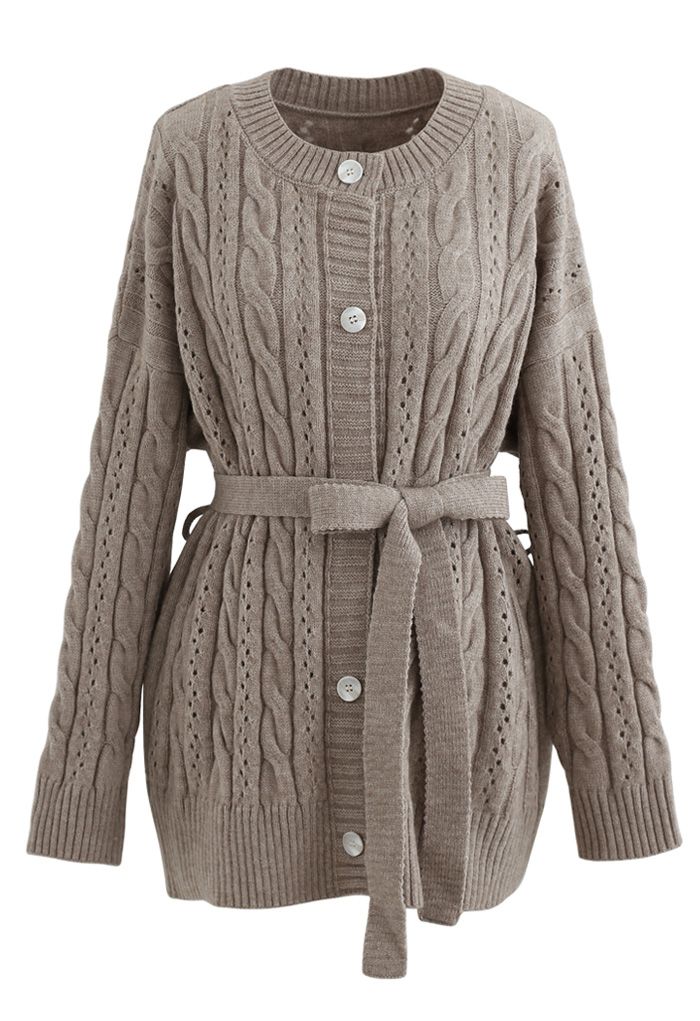 Braid Texture Buttoned Belted Cardigan in Taupe