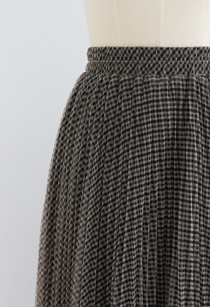 Gingham Double-Layered Pleated Mesh Midi Skirt in Khaki