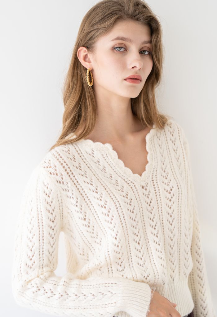 V-Neck Hollow Out Soft Touch Knit Sweater in Cream