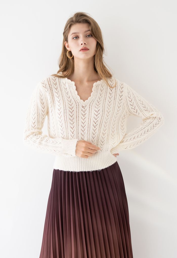 V-Neck Hollow Out Soft Touch Knit Sweater in Cream