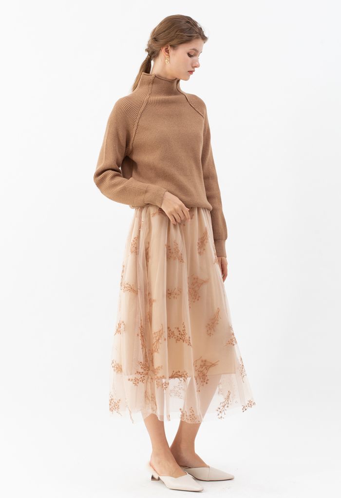 Sequins Embroidered Bouquet Mesh Midi Skirt in Tan