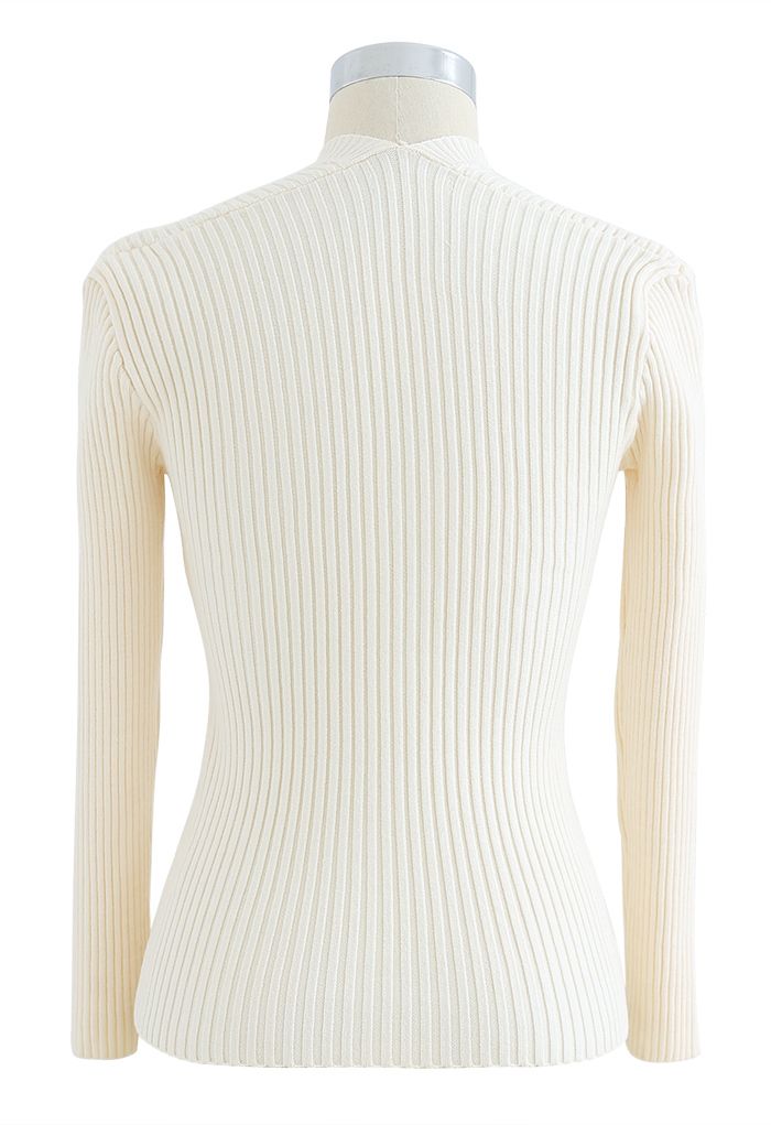 Buttons Decorated Square Neck Knit Top in Cream