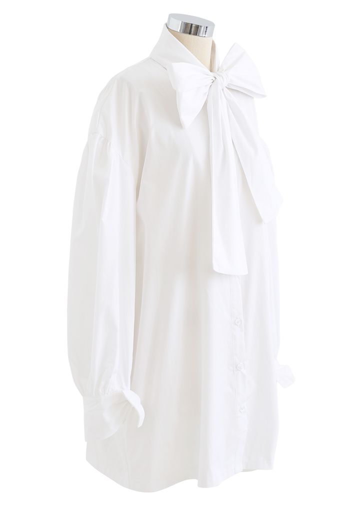 Bowknot Button Down Tunic Shirt Dress in White