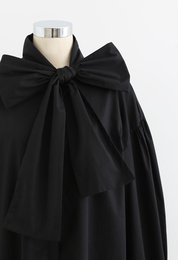 Bowknot Button Down Tunic Shirt Dress in Black