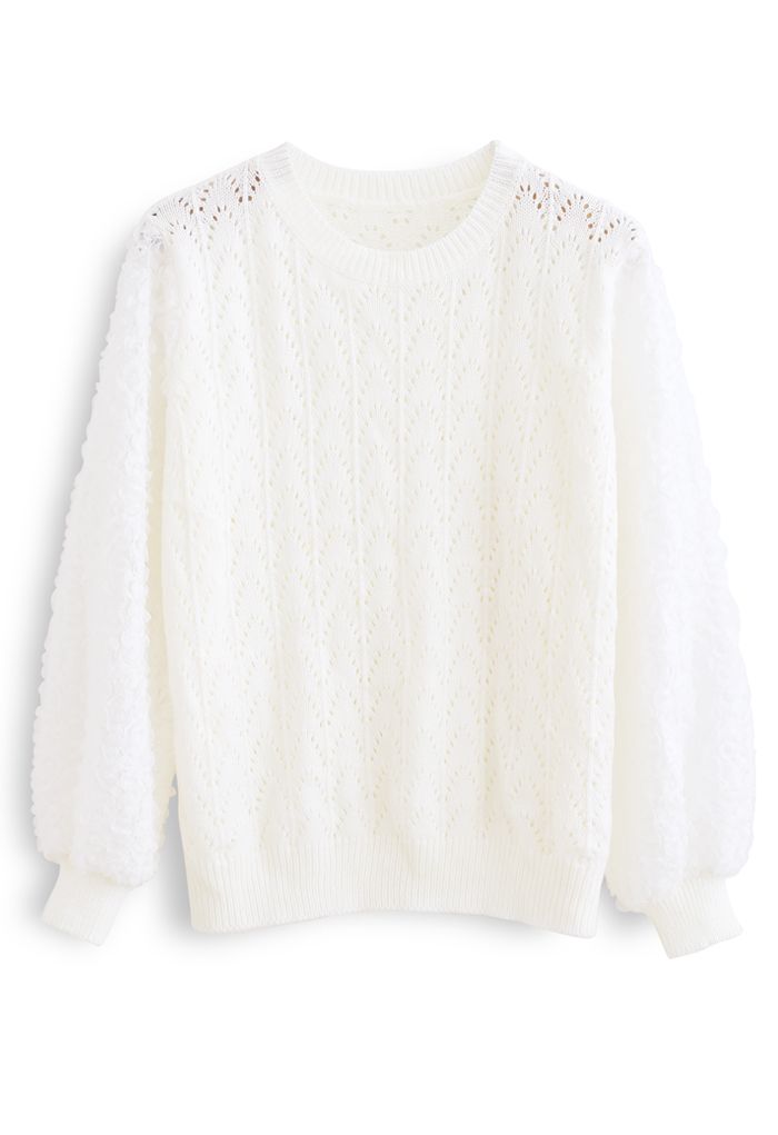 3D Flower Lace Sleeves Eyelet Knit Sweater in White