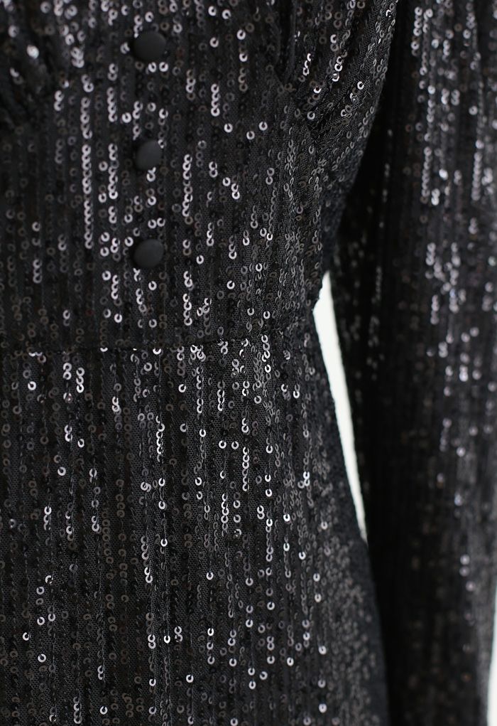Shimmer Sequin Padded Shoulder Mesh Dress in Black