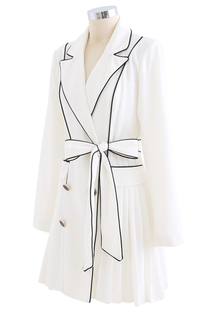 Piped Double-Breasted Pleated Blazer Dress in White
