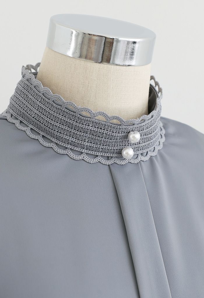 Satin Pearl Crochet Mock Neck Top in Grey