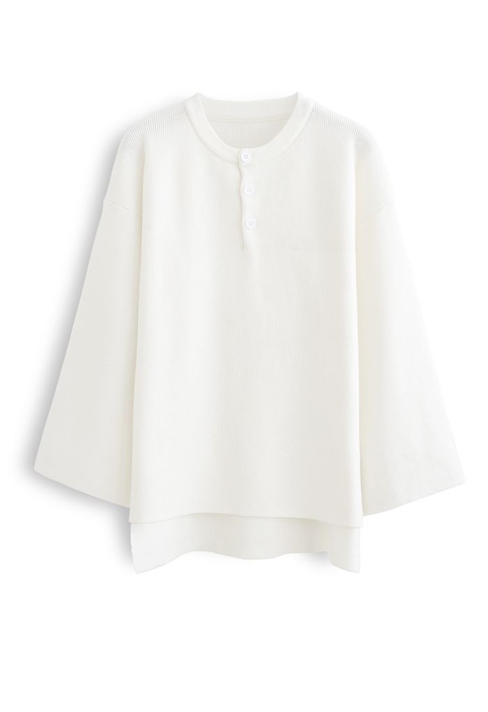 Buttoned Flare Sleeves Knit Sweater in White