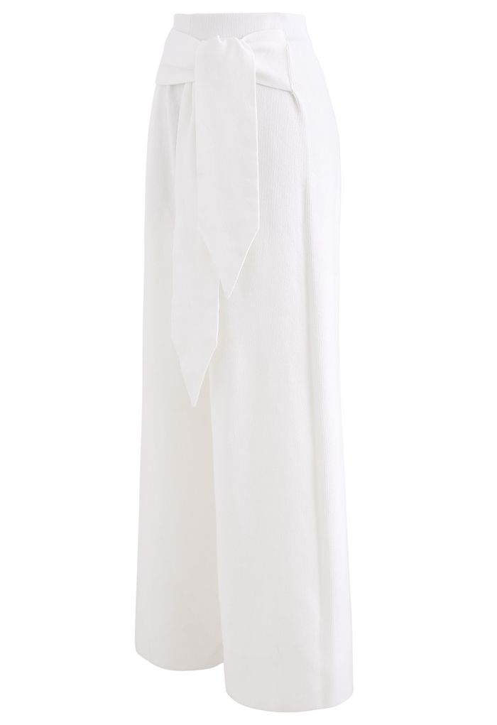 Self-Tie Waist Knit Wide-Leg Pants in White