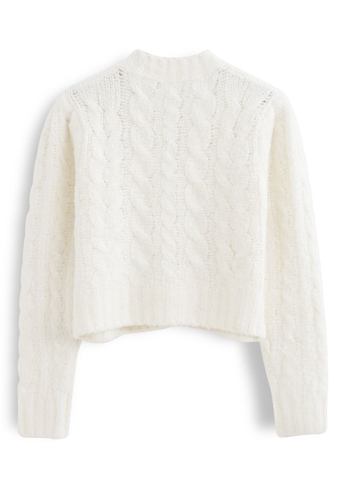 V-Neck Fuzzy Knit Crop Cardigan in Ivory
