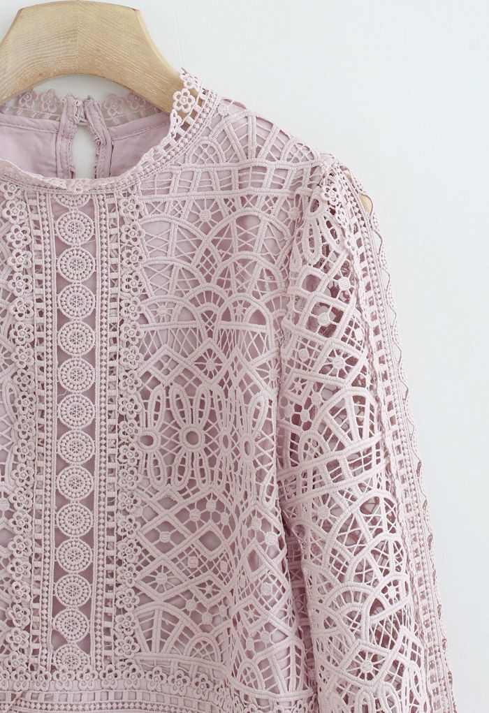 Panelled Full Crochet Sleeves Top in Pink
