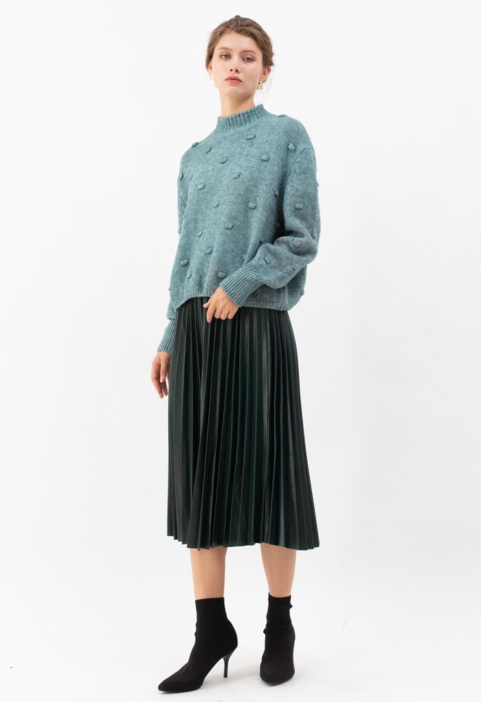 Faux Leather Pleated A-Line Midi Skirt in Dark Green