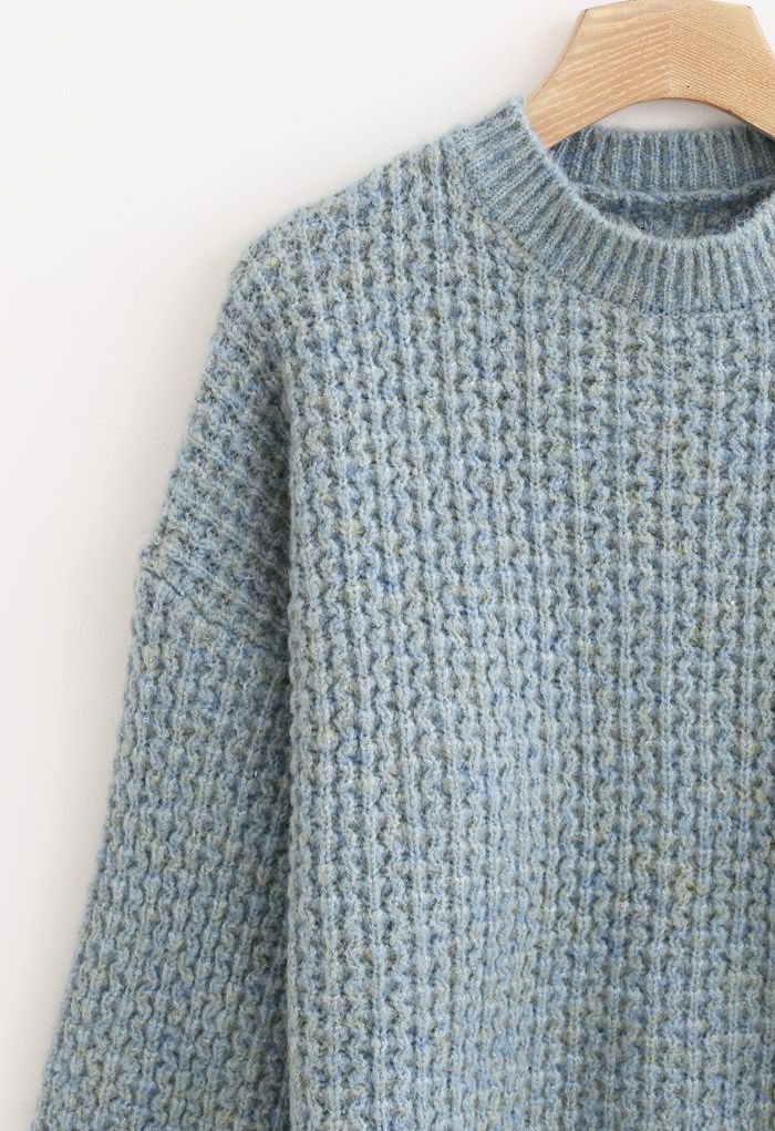 Fluffy Waffle-Knit Sweater in Dusty Blue