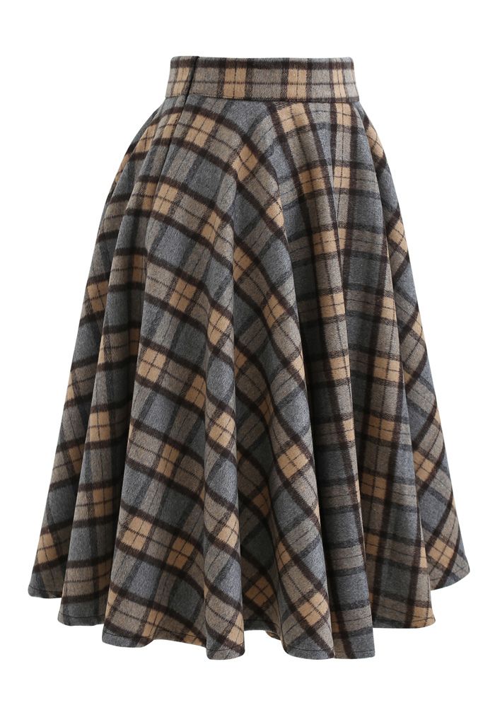Plaid Pattern A-Line Wool-Blended Skirt
