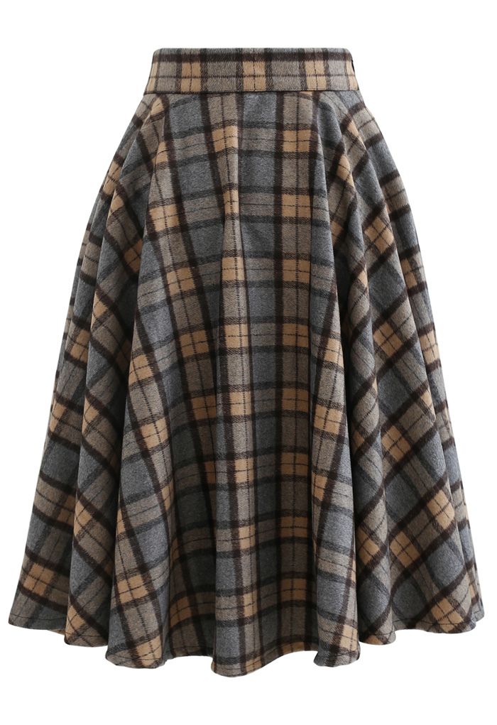 Plaid Pattern A-Line Wool-Blended Skirt
