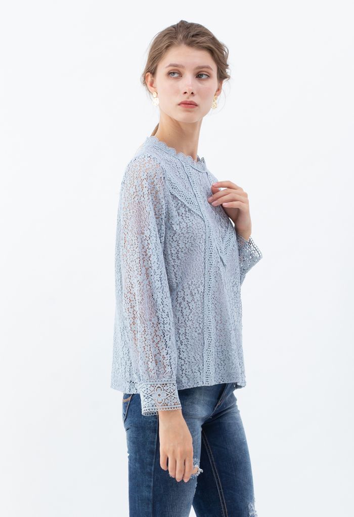 Floret Full Lace Long Sleeves Top in Blue