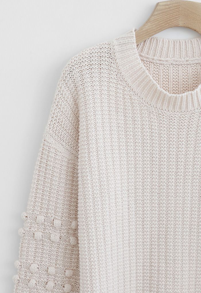 Bubble-Sleeve with Pom-Pom Detail Sweater in Cream